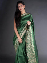 Flosive traditional golden zari work forest green soft banarasi saree